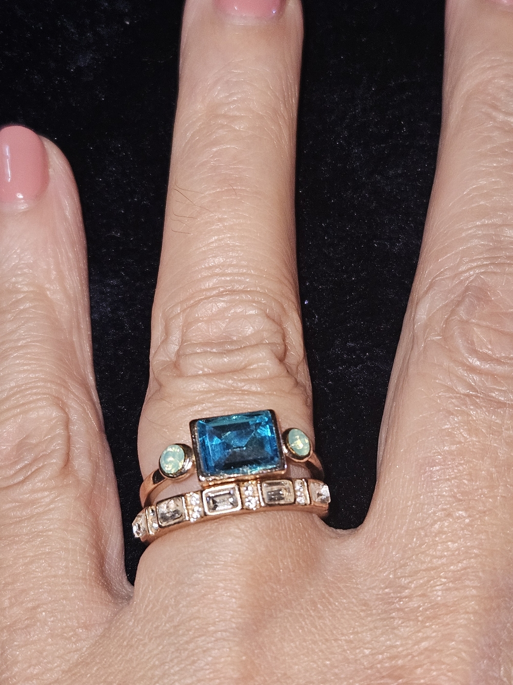 Rose Gold Blue Stone Statement Ring with Clear Accents